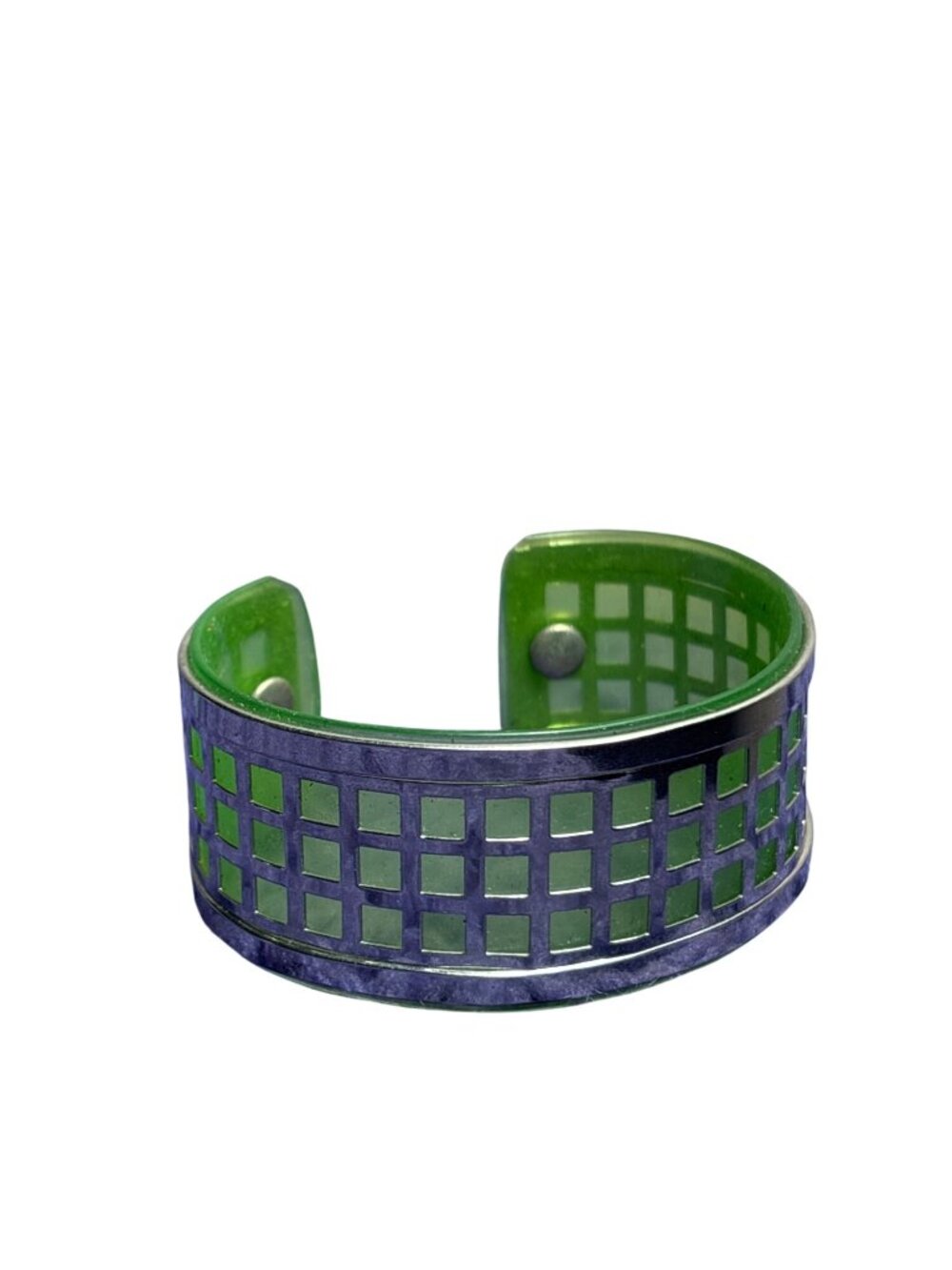 Silvertone Green Cuff Bracelet 1.25" Wide 7"